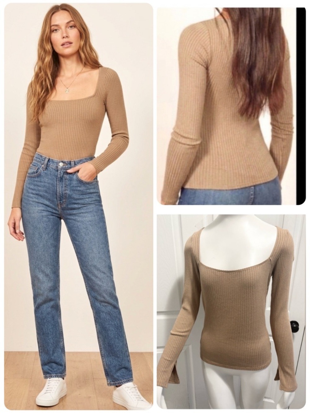 Reformation Bethany Ribbed Knit Top Tan Tencil Spandex Blend Split Sleeves Large